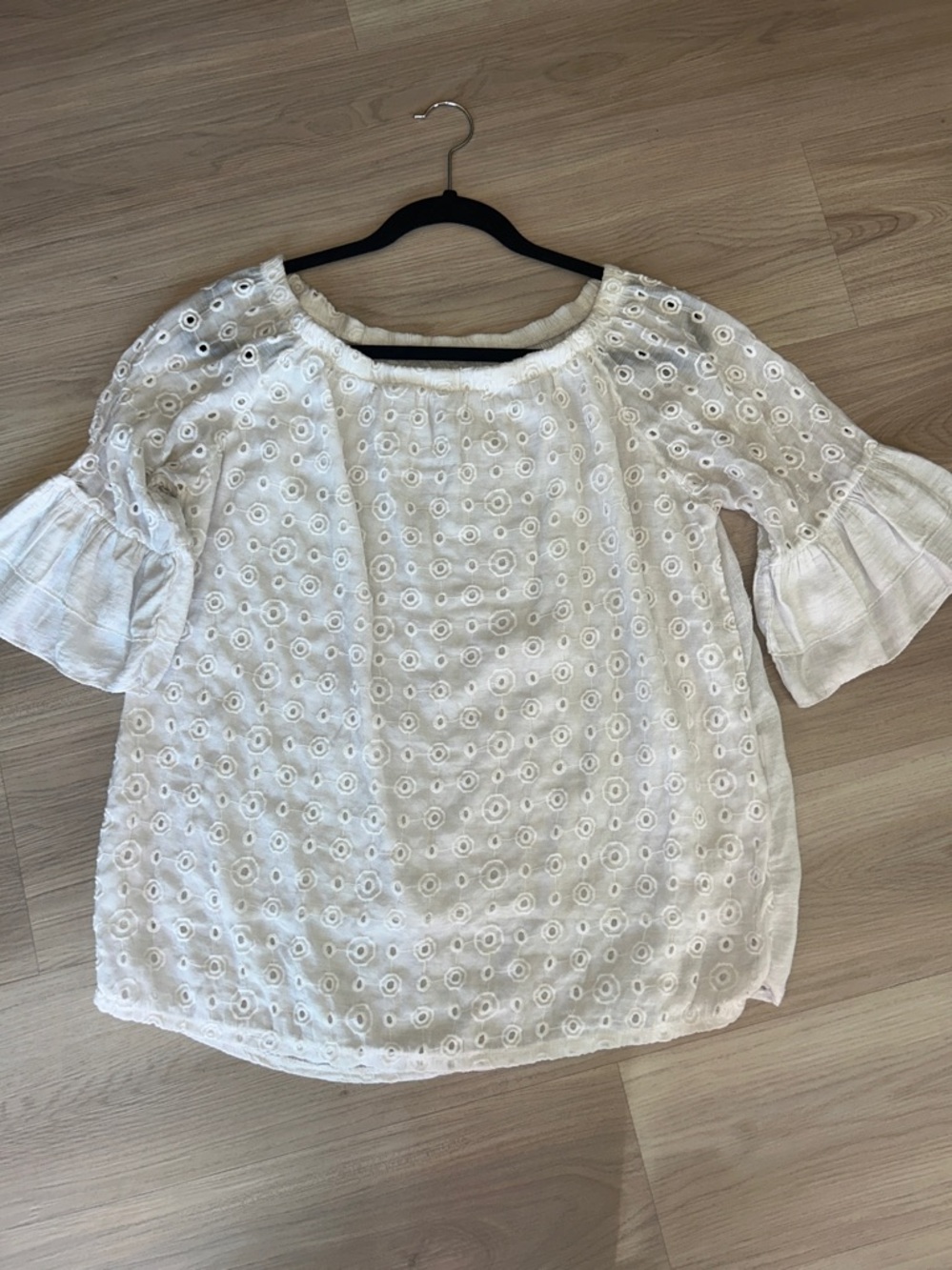 Eyelet Cotton Linen Ruffle Sleeve Top XL White Feminine Off the Shoulder